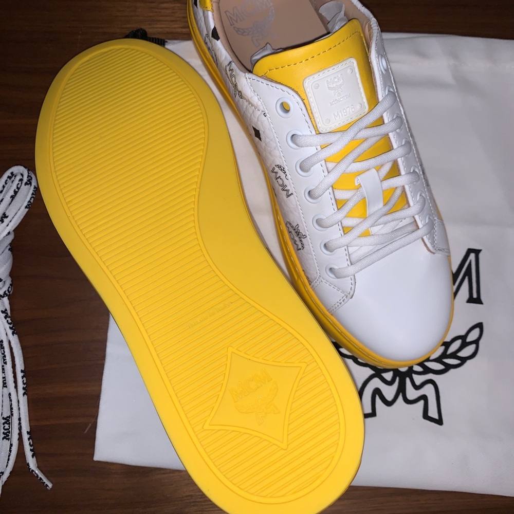 MCM White & Yellow Logo Low-Top Sneakers - Picture 5 of 12